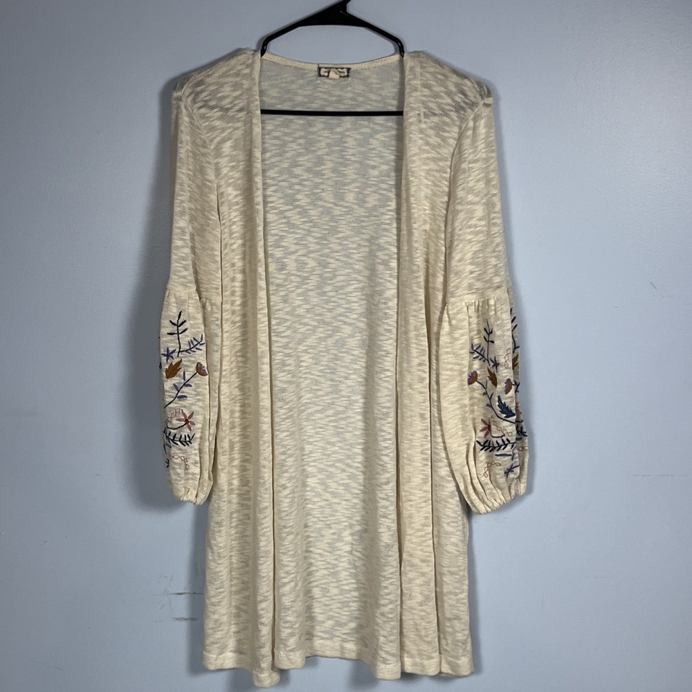 Eyeshadow Marl Knit Embroidered Balloon Sleeve Cardigan XS Cream Open Duster